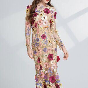 Floral Embroidered Mesh Long Sleeve Midi Dress | New Sheath Formal Dress
